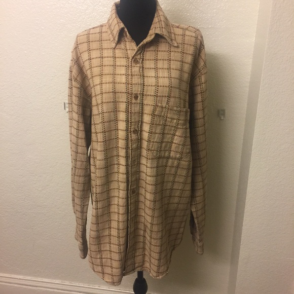 100% cotton tan/brown/green textured button down shirt - Picture 7 of 9